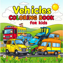 An engaging A4 cover design for a children's vehicles coloring book, showcasing a variety of fun, cartoon-style vehicles