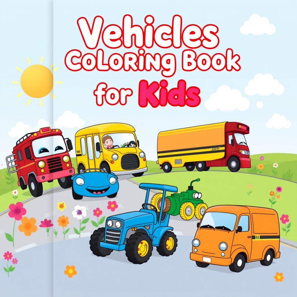 An engaging A4 cover design for a children's vehicles coloring book, showcasing a variety of fun, cartoon-style vehicles