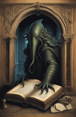 A Lovecraftian creature crawls out from an ancient book in a 16th-century baroque office under moonlight.