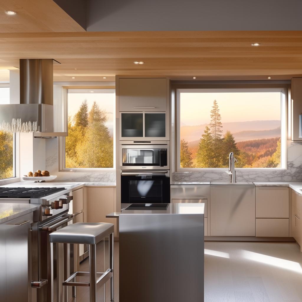 A modern kitchen with glossy countertops, stainless steel appliances, natural light filtering through large windows, and a tasteful blend of warm and cool hues.