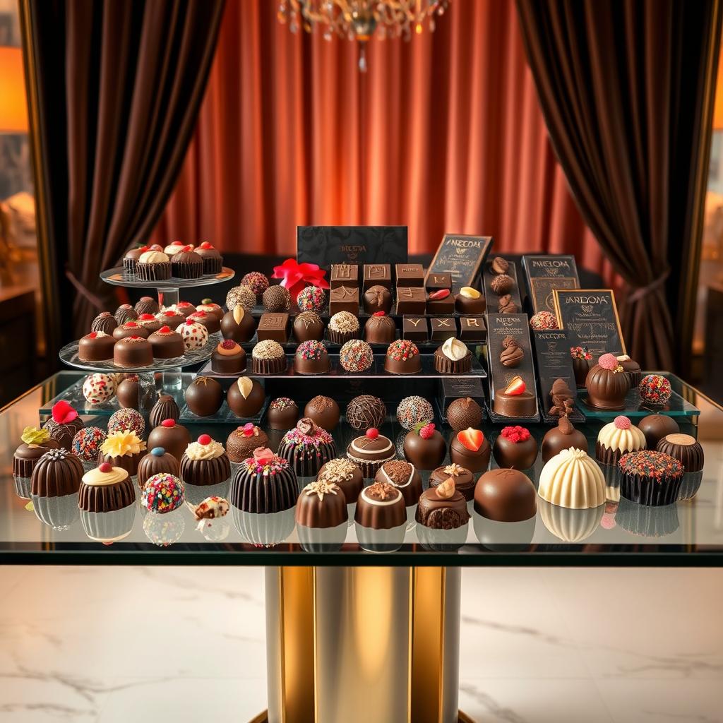 An elegant chocolate display design featuring an array of exquisite chocolates arranged artistically on a sleek glass table