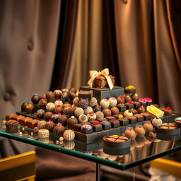 An elegant chocolate display design featuring an array of exquisite chocolates arranged artistically on a sleek glass table