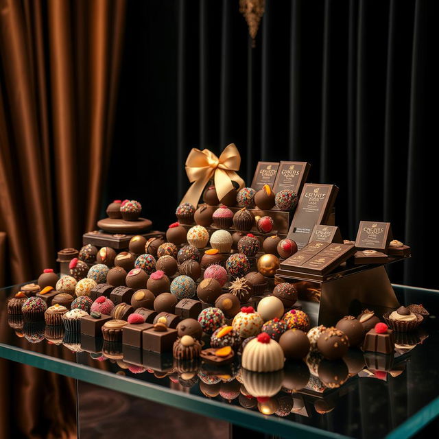 An elegant chocolate display design featuring an array of exquisite chocolates arranged artistically on a sleek glass table