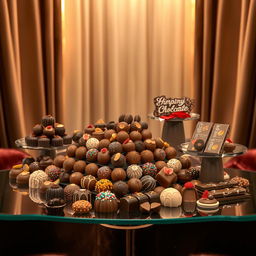 An elegant chocolate display design featuring an array of exquisite chocolates arranged artistically on a sleek glass table