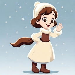 Cartoon girl in a winter dress, striking a side pose with her hand up, crafted as a detailed vector illustration.