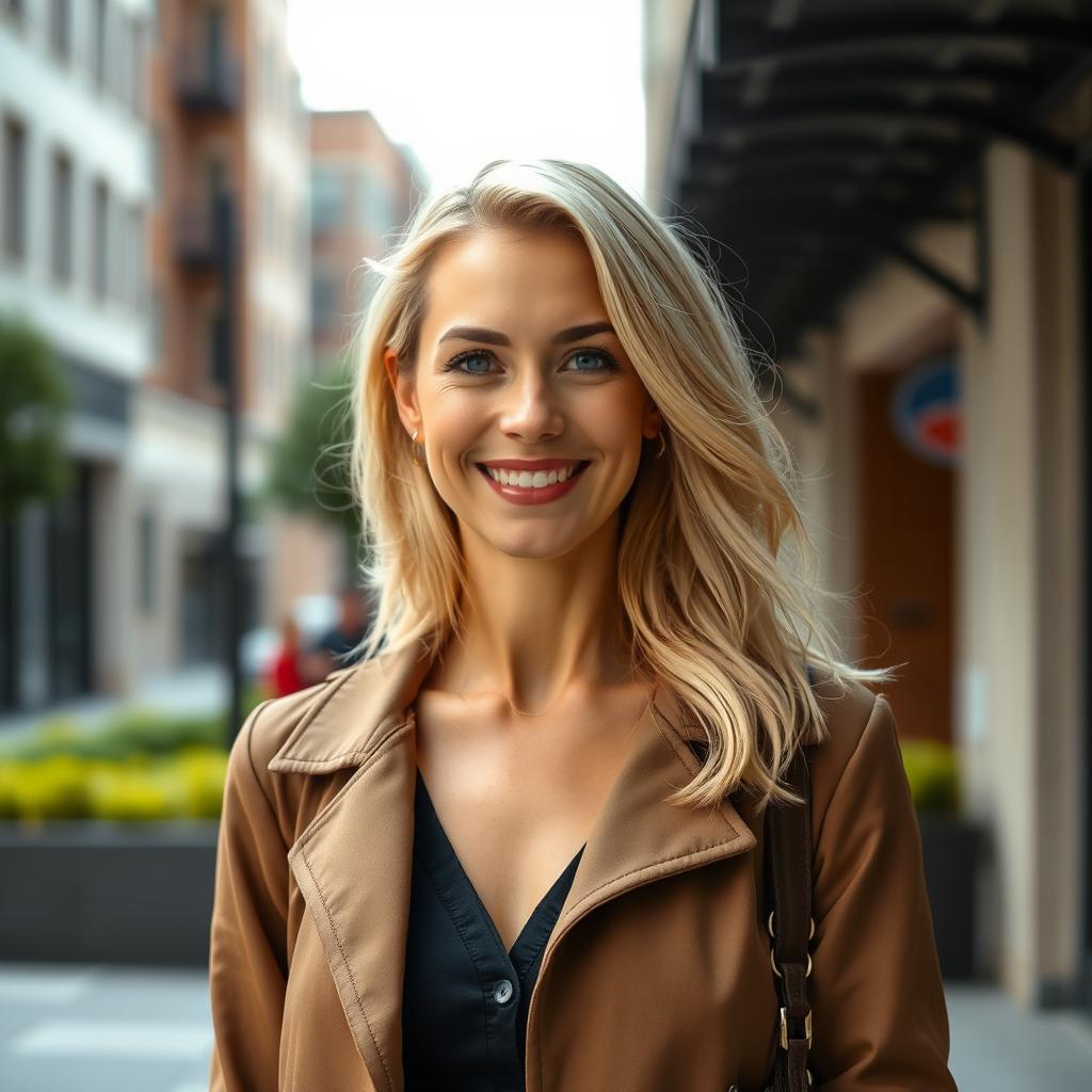 A realistic photograph of a 35-year-old woman with blonde hair and European features, dressed in stylish clothing