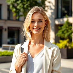 A realistic photograph of a 35-year-old woman with blonde hair and European features, dressed in stylish clothing
