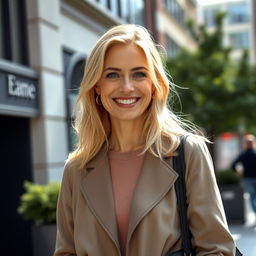 A realistic photograph of a 35-year-old woman with blonde hair and European features, dressed in stylish clothing