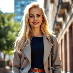 A realistic photograph of a 35-year-old woman with blonde hair and European features, dressed in stylish clothing