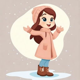 Cartoon girl in a winter dress, striking a side pose with her hand up, crafted as a detailed vector illustration.