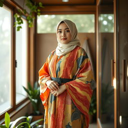 A stunning scene featuring a young woman wearing a fashionable hijab and a luxurious kimono, beautifully designed with intricate patterns and vibrant colors