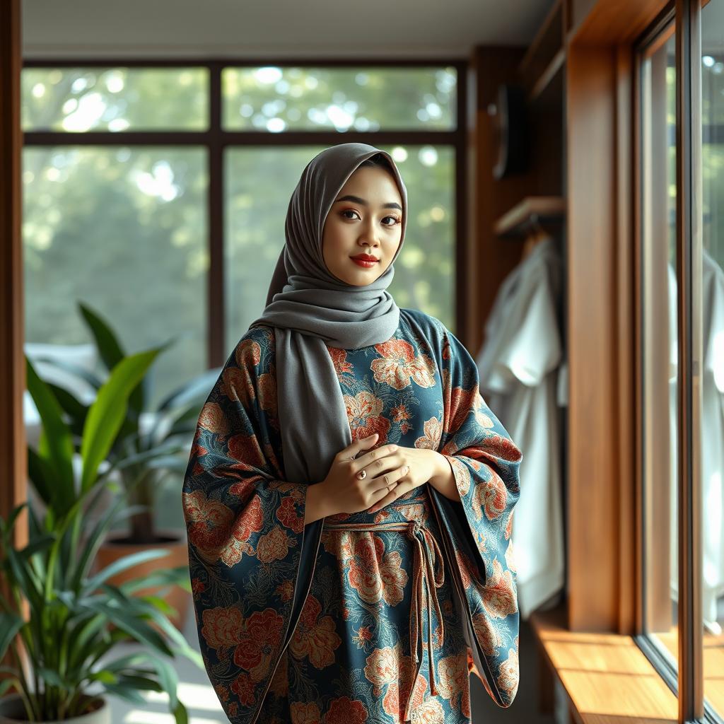 A stunning scene featuring a young woman wearing a fashionable hijab and a luxurious kimono, beautifully designed with intricate patterns and vibrant colors