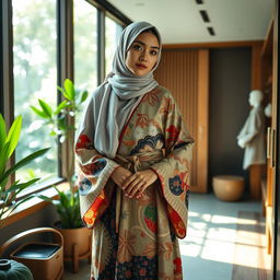 A stunning scene featuring a young woman wearing a fashionable hijab and a luxurious kimono, beautifully designed with intricate patterns and vibrant colors
