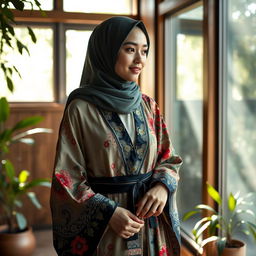 A stunning scene featuring a young woman wearing a fashionable hijab and a luxurious kimono, beautifully designed with intricate patterns and vibrant colors