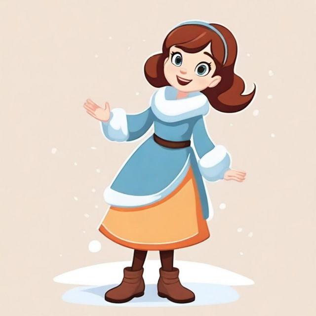 Cartoon girl in a winter dress, striking a side pose with her hand up, crafted as a detailed vector illustration.