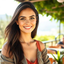 A realistic photograph of a 30-year-old woman with dark hair and Mediterranean features, wearing casual yet stylish clothing