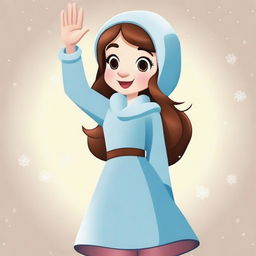 Cartoon girl in a winter dress, striking a side pose with her hand up, crafted as a detailed vector illustration.