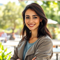 A realistic photograph of a 30-year-old woman with dark hair and Mediterranean features, wearing casual yet stylish clothing