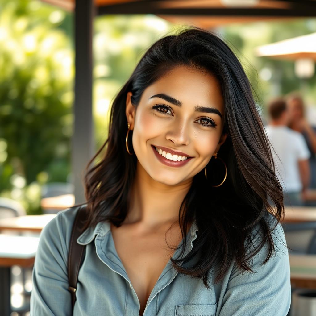 A realistic photograph of a 30-year-old woman with dark hair and Mediterranean features, wearing casual yet stylish clothing