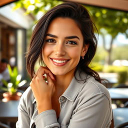 A realistic photograph of a 30-year-old woman with dark hair and Mediterranean features, wearing casual yet stylish clothing