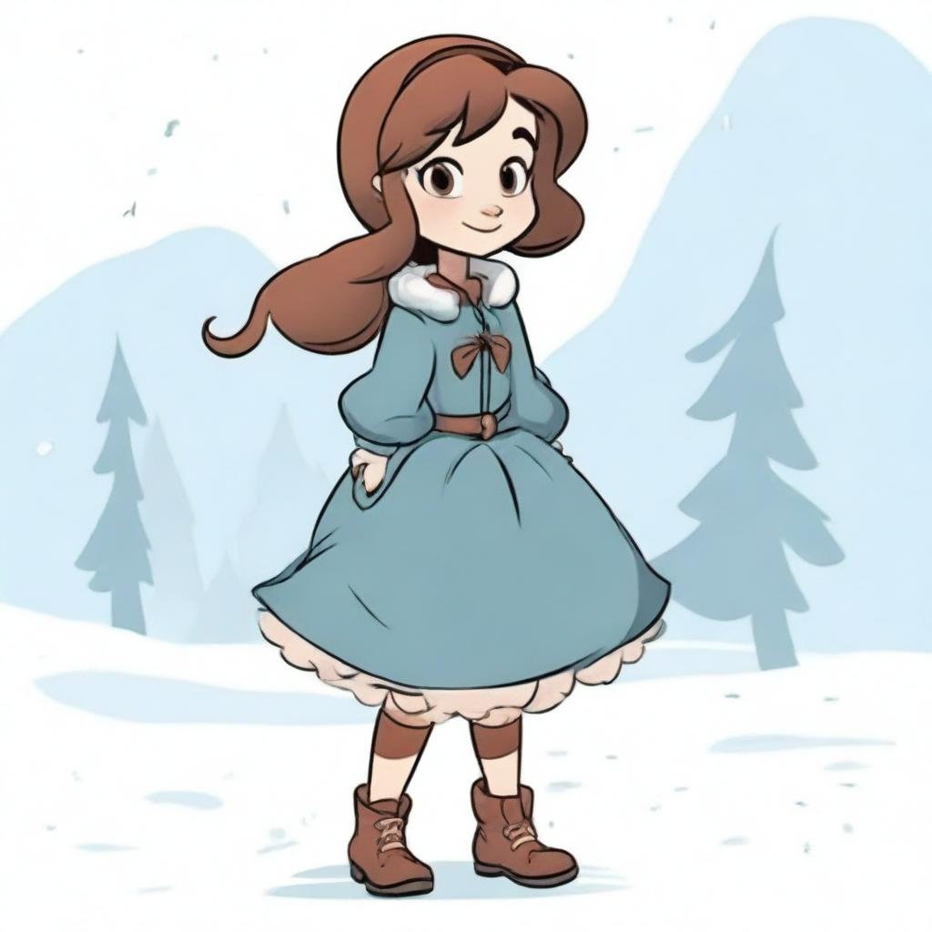 A cartoon-style girl in a winter dress, side pose, with her hand upon her hip