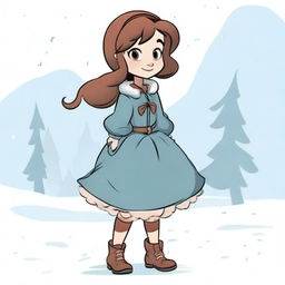 A cartoon-style girl in a winter dress, side pose, with her hand upon her hip