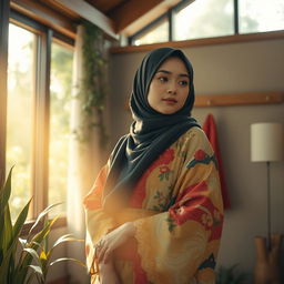 A captivating scene featuring a young woman in a stylish hijab wearing a luxurious kimono, showcasing intricate designs and vibrant colors