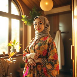 A captivating scene featuring a young woman in a stylish hijab wearing a luxurious kimono, showcasing intricate designs and vibrant colors
