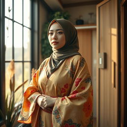 A captivating scene featuring a young woman in a stylish hijab wearing a luxurious kimono, showcasing intricate designs and vibrant colors