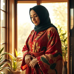 A captivating scene featuring a young woman in a stylish hijab wearing a luxurious kimono, showcasing intricate designs and vibrant colors