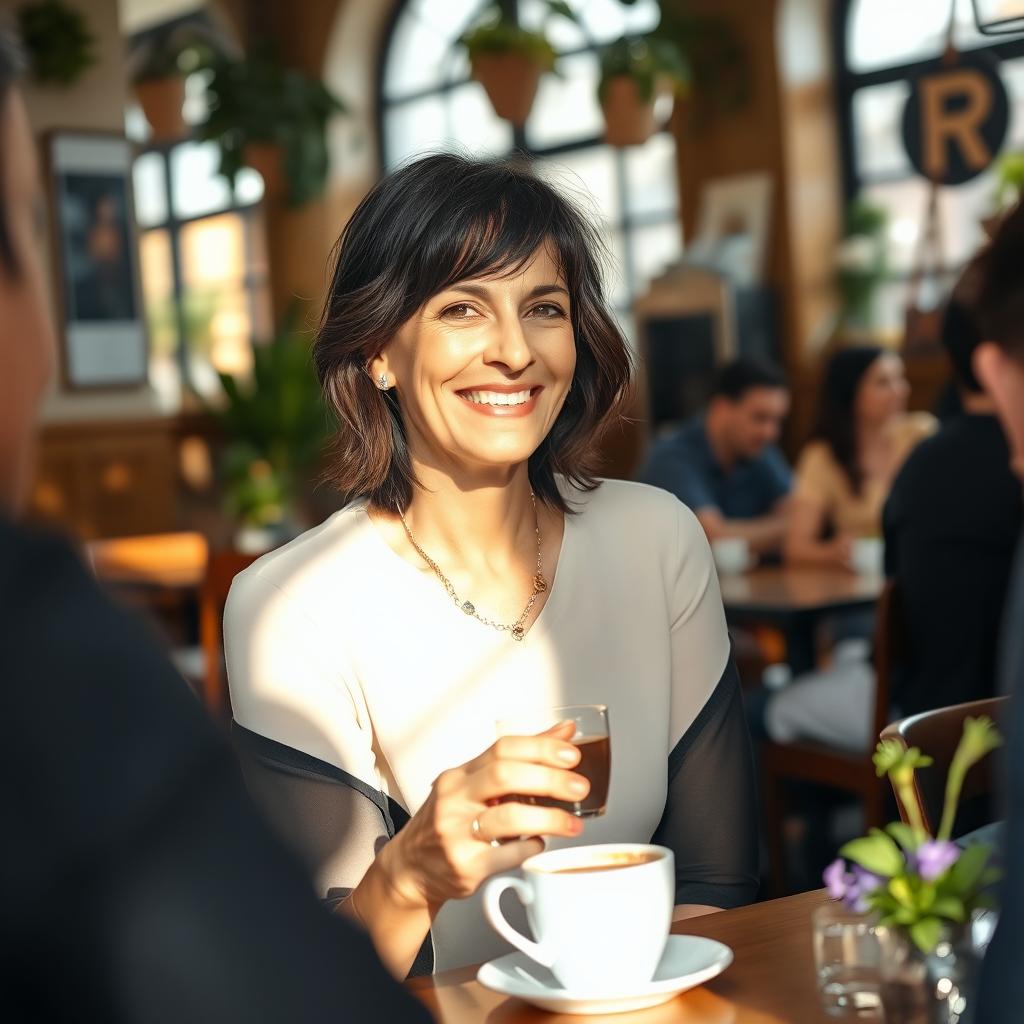 A 40-year-old woman with dark hair and Mediterranean features, sitting in a cozy cafe