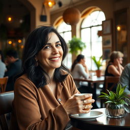 A 40-year-old woman with dark hair and Mediterranean features, sitting in a cozy cafe