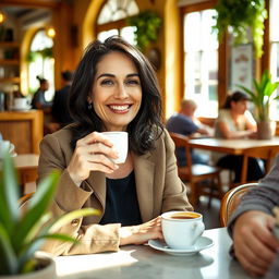 A 40-year-old woman with dark hair and Mediterranean features, sitting in a cozy cafe
