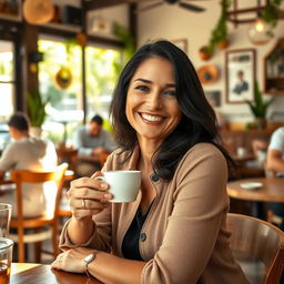 A 40-year-old woman with dark hair and Mediterranean features, sitting in a cozy cafe