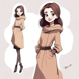 A cartoon-style girl in a winter dress, side pose, with her hand upon her hip