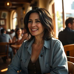 A realistic photograph of a 40-year-old woman with dark hair and Mediterranean features, seated comfortably in a cafe