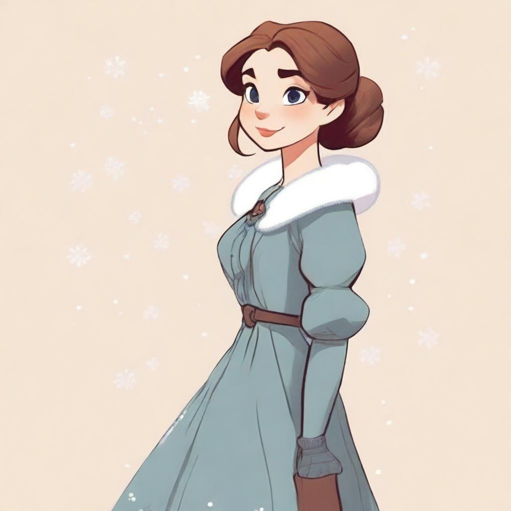 A cartoon-style girl in a winter dress, side pose, with her hand upon her hip