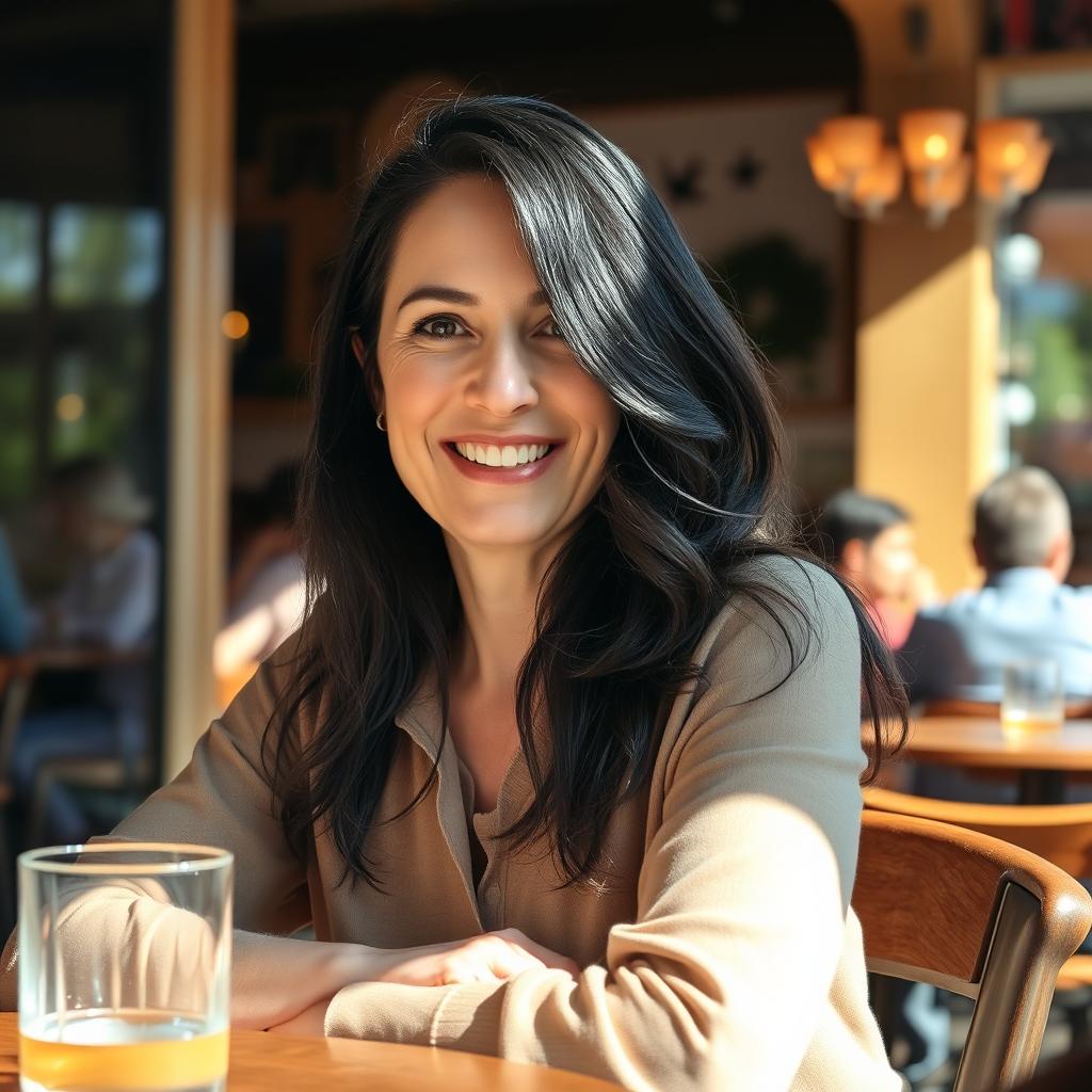 A realistic photograph of a 40-year-old woman with dark hair and Mediterranean features, seated comfortably in a cafe