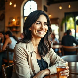A realistic photograph of a 40-year-old woman with dark hair and Mediterranean features, seated comfortably in a cafe