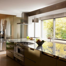 A modern kitchen with glossy countertops, stainless steel appliances, natural light filtering through large windows, and a tasteful blend of warm and cool hues.