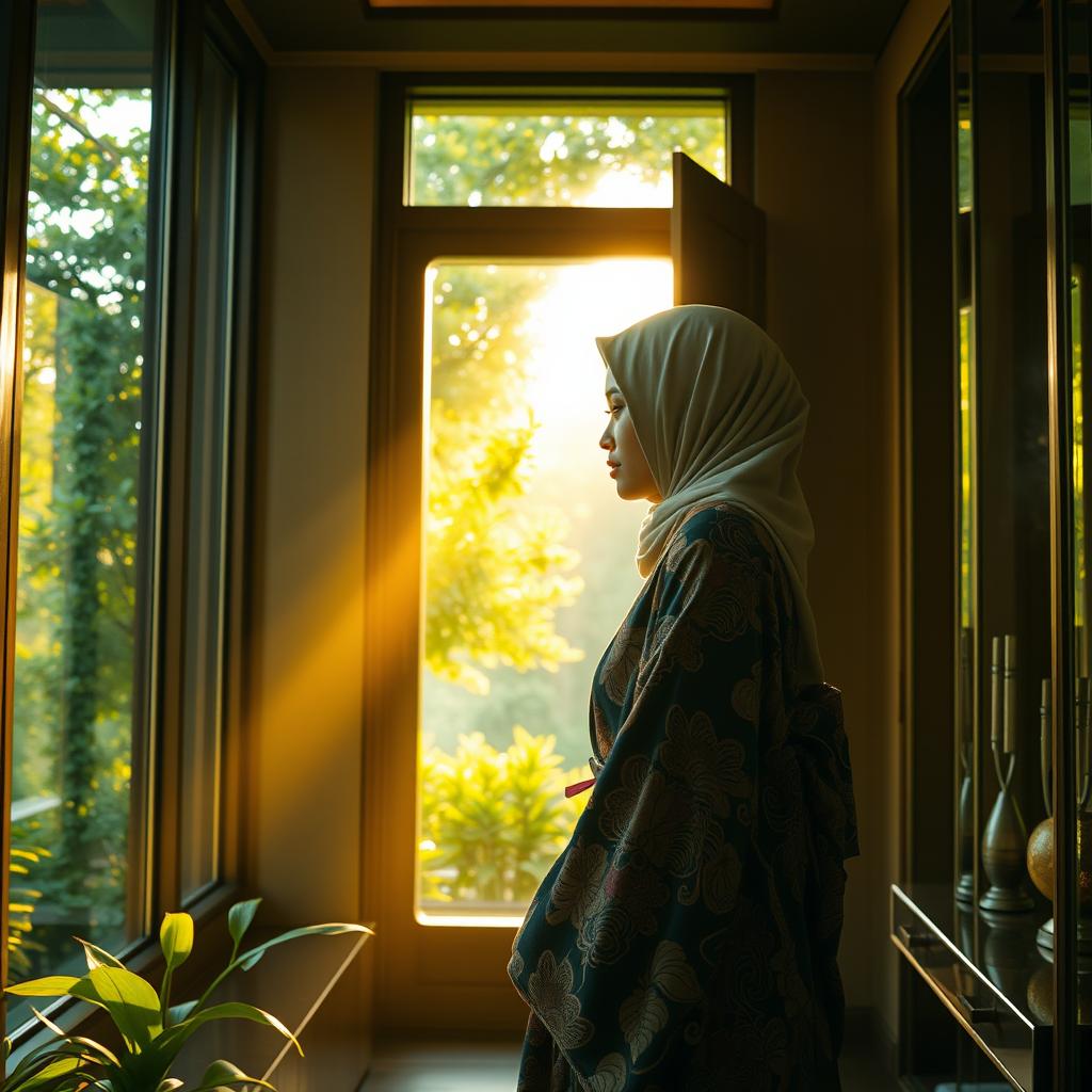 A beautiful scene showcasing a young woman in a stylish hijab wearing a luxurious kimono, adorned with stunning patterns and rich colors