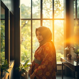 A beautiful scene showcasing a young woman in a stylish hijab wearing a luxurious kimono, adorned with stunning patterns and rich colors