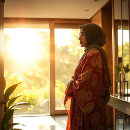 A beautiful scene showcasing a young woman in a stylish hijab wearing a luxurious kimono, adorned with stunning patterns and rich colors