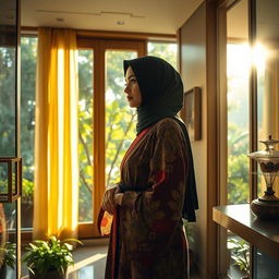 A beautiful scene showcasing a young woman in a stylish hijab wearing a luxurious kimono, adorned with stunning patterns and rich colors