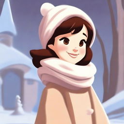 Side pose of a cartoon girl, cozily dressed in a winter dress and muffler, cheerfully facing the chilly weather.