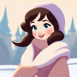 Side pose of a cartoon girl, cozily dressed in a winter dress and muffler, cheerfully facing the chilly weather.