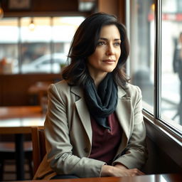 A realistic photograph of a 40-year-old woman with dark hair and Mediterranean features, seated in a cozy cafe