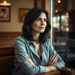 A realistic photograph of a 40-year-old woman with dark hair and Mediterranean features, seated in a cozy cafe