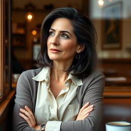 A realistic photograph of a 40-year-old woman with dark hair and Mediterranean features, seated in a cozy cafe
