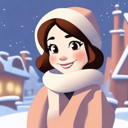 Side pose of a cartoon girl, cozily dressed in a winter dress and muffler, cheerfully facing the chilly weather.